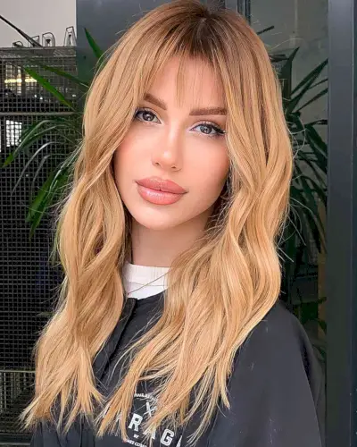 Golden Blonde Long Wavy Hair with Darker Roots for women with oval faces