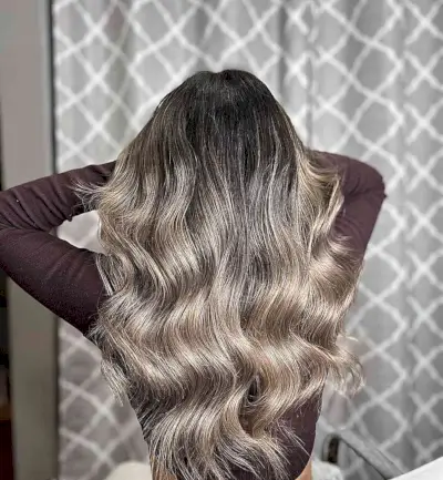 Dirty Rich Ash Blonde Balayage for Long Layered Dark Hair