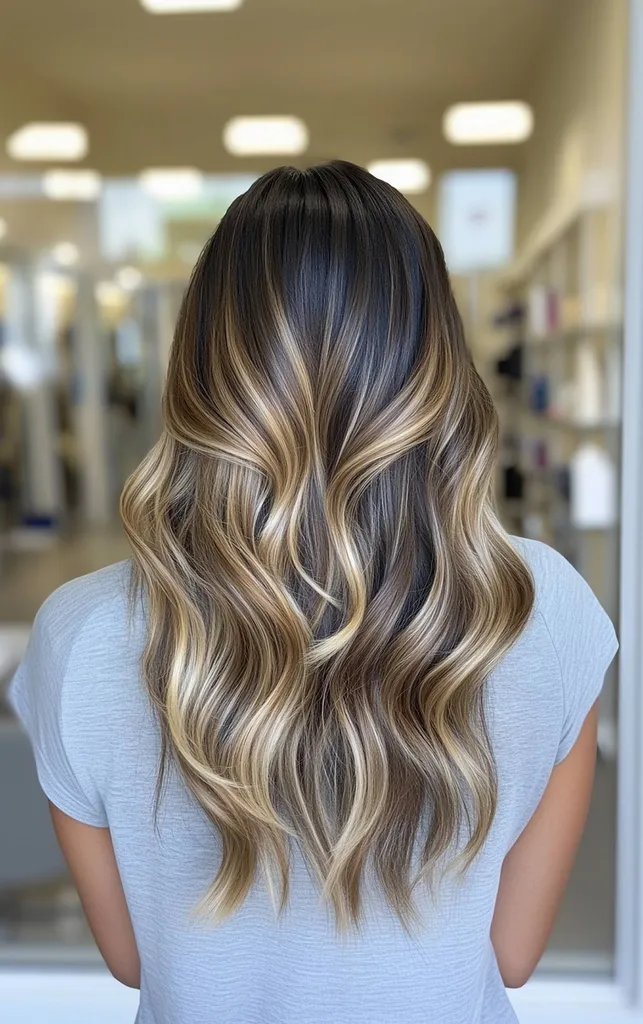 Gari viļņaini mati ar tumšām saknēm un blondiem balayage akcentiem' title=
