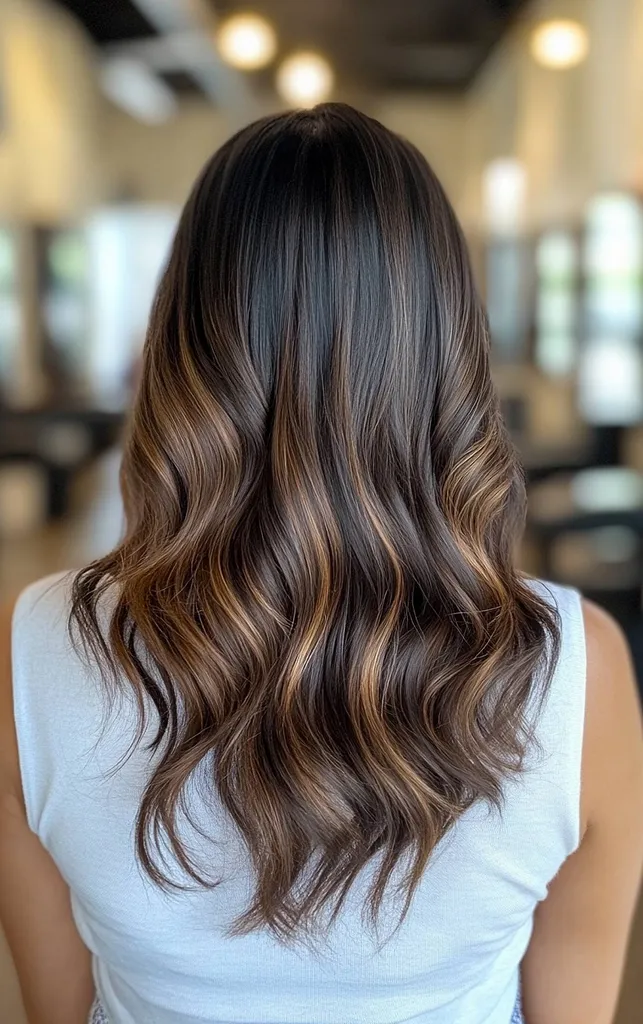 Vidēja garuma viļņaini tumši brūni mati ar karameļu balayage akcentiem' title=