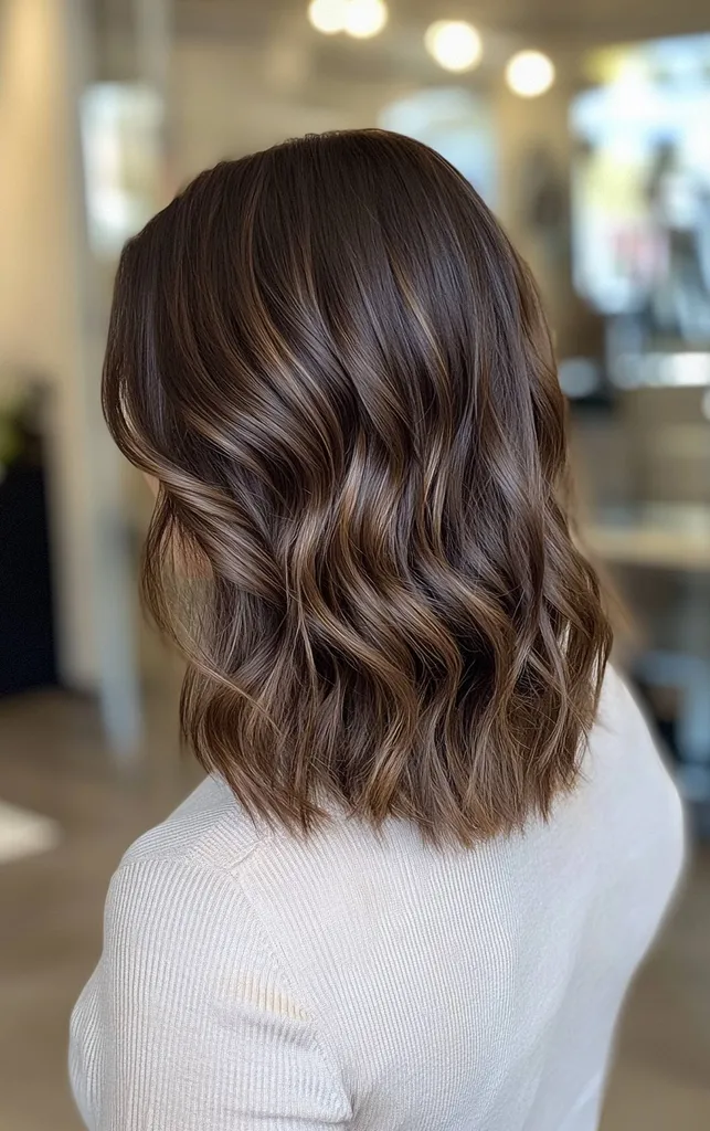 Viļņoti brūni mati līdz pleciem ar smalkiem balayage akcentiem' title=
