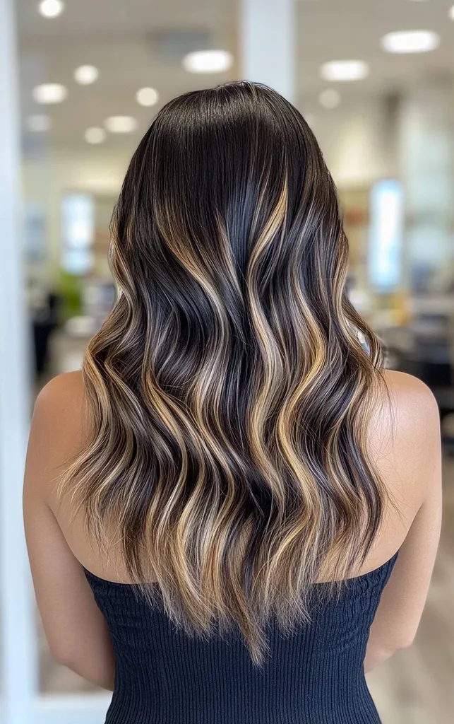 Gari viļņaini melni mati ar blondiem balayage akcentiem' title=