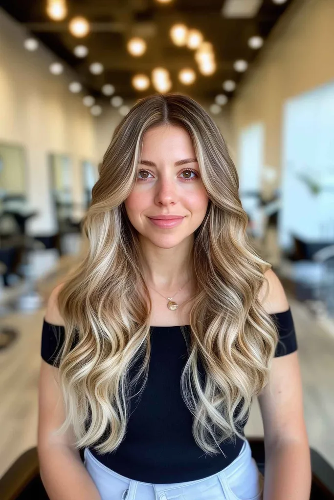 Pohľad spredu na jemné hnedé vlny s blond balayage' title=