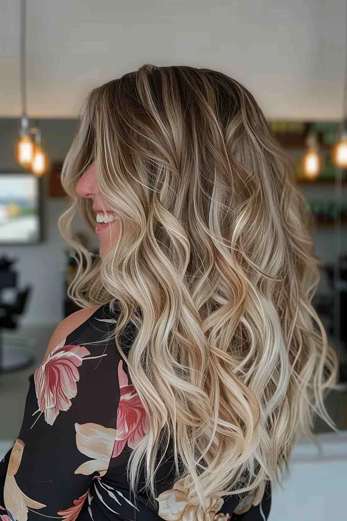 Bočný pohľad na blond balayage ombre s jemnými kučerami' title=
