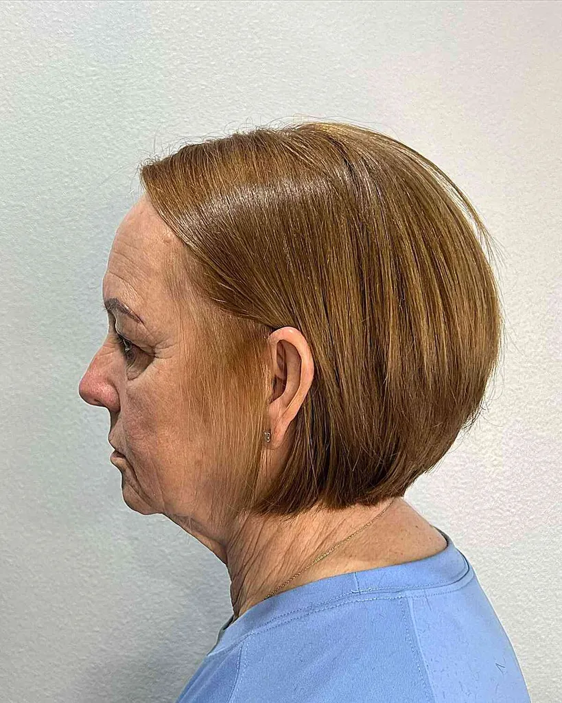 Cabelo moreno dourado curto e brilhante de outono para senhoras com mais de 70 anos' title=