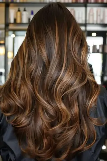 Golden Caramel Highlights på chokoladebrunt hår.
