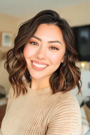 Caramel Babylights på mørkebrun Bob hårfarve og klip.