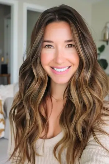 Karamel valnød højdepunkter på langt brunt hår.