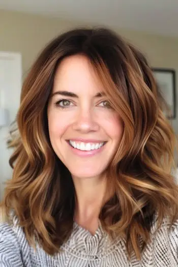 Brun Bølget Lob med Karamel Accenter Hårfarve og frisure.