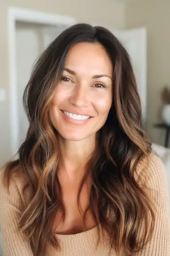 Brunette bølger med karamel fremhæver hårfarve og frisure.