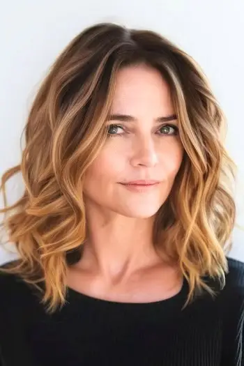 Skulderlange brune bølger med mørke rødder og karamelhøjdepunkter.