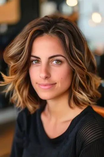 Pjuskede brune bølger med karamelhøjdepunkter.