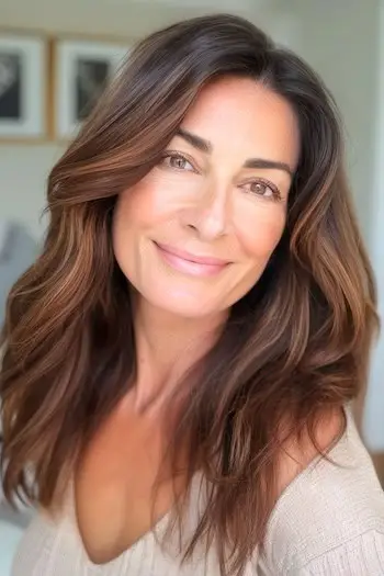 Langt brunt hår med subtile karamelhøjdepunkter.