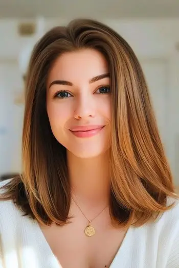 Honningfarvet karamelbrun Straight Lob-frisure og hårfarve.