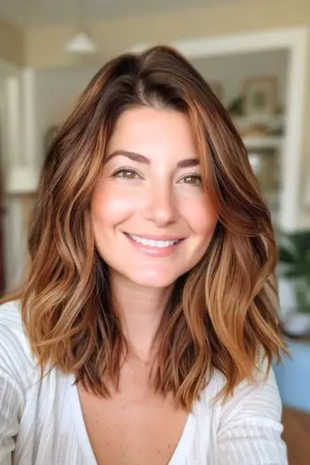 Medium karamel fremhæver tykt brunt hår.