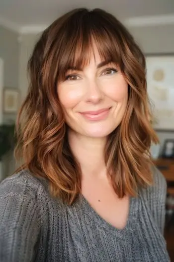 Brune bølger med stumpe pandehår og dybe karamelhøjdepunkter.