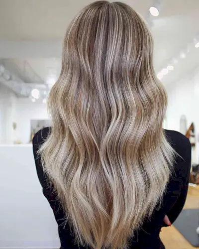 Light Brown Balayage with Blonde Highlights for women with long v-cut hair