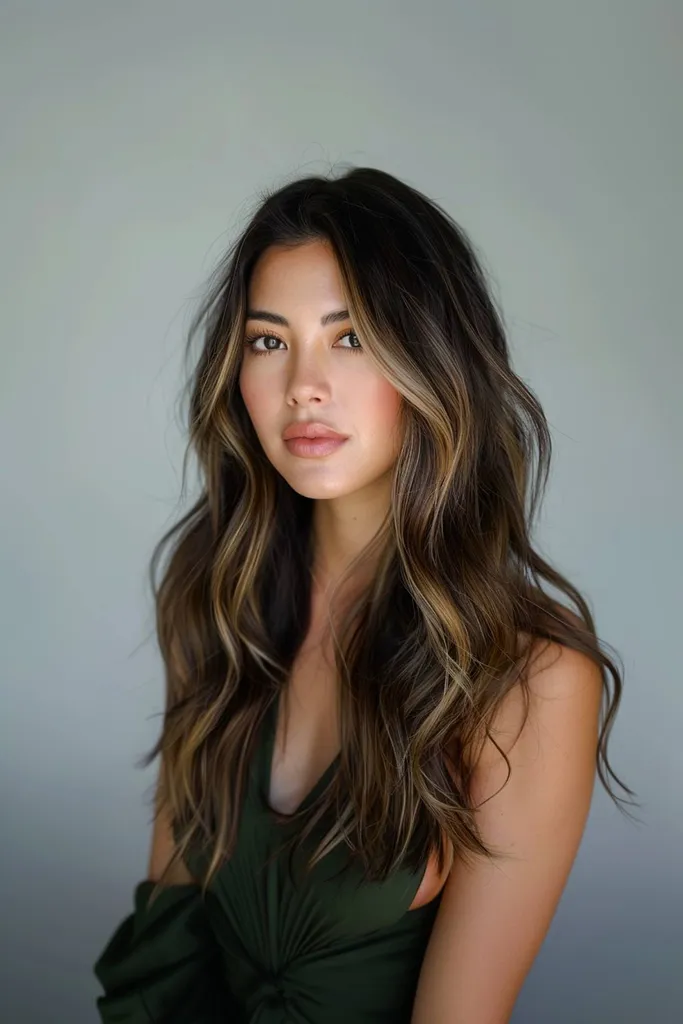 Cabelo castanho expresso com mechas luminescentes douradas que iluminam suavemente o rosto' title=