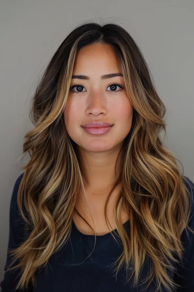 Cabelo castanho escuro que se funde em tons dourados e caramelo brilhantes para uma aparência suave e mesclada' title=