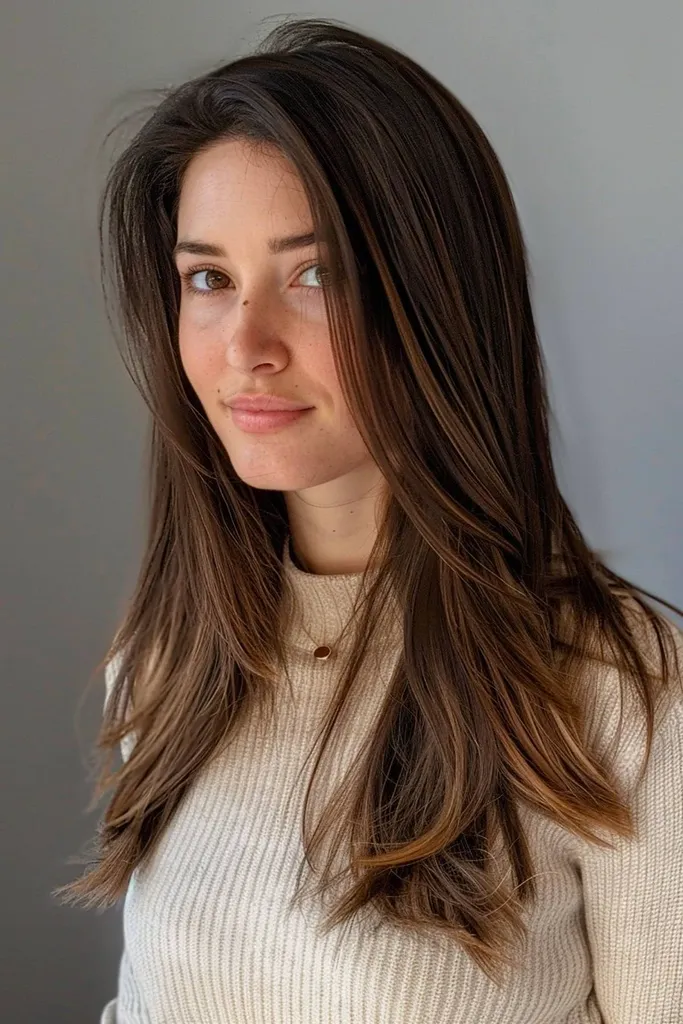 Cabelo castanho café escuro infundido com tons castanhos quentes e reflexos dourados para um visual rico e sofisticado' title=