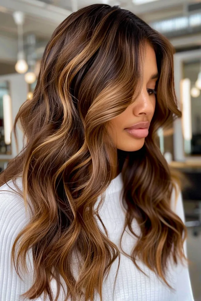 Cabelo castanho escuro com caramelo esfumado e mechas douradas estilizadas em ondas suaves de Hollywood para um acabamento elegante' title=