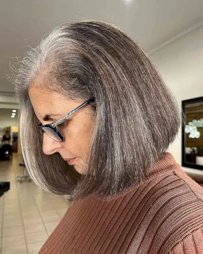 Medium Brunette Bob with Natural Greys on Mature Ladies Over Sixty with Glasses