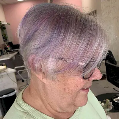 Short White Pixie with Pastel Highlights for Older Women Past 60 with Thin Hair and Eyeglasses