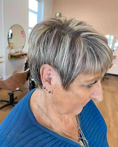 Bright Blonde Highlights on Short Dark-Colored Hair for 60-Year-Old Ladies