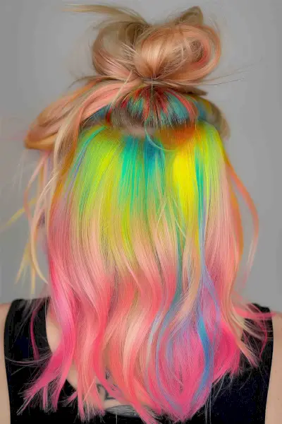 Hair styled into a top knot with hidden vivid rainbow colors transitioning from natural blonde to bright red, yellow, green, blue, and pink tones.