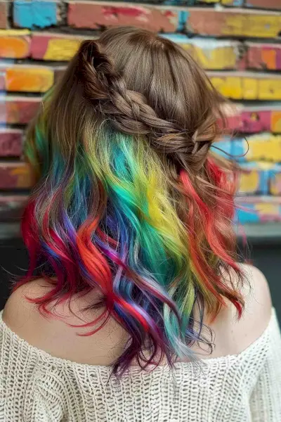 Vivid underlights rainbow hair color