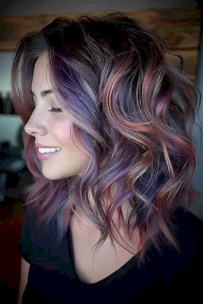 Medium-length wavy lob with a blend of pastel and deep metallic rainbow colors.