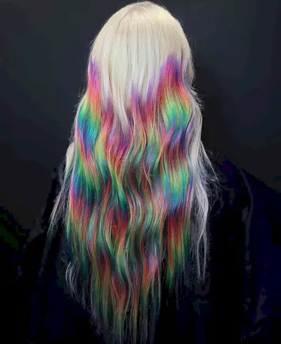 Neon Pops of Rainbow on White Hair for women with an vibrant, edgy style