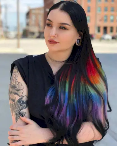 Long Black Hair with Rainbow Prism Streaks