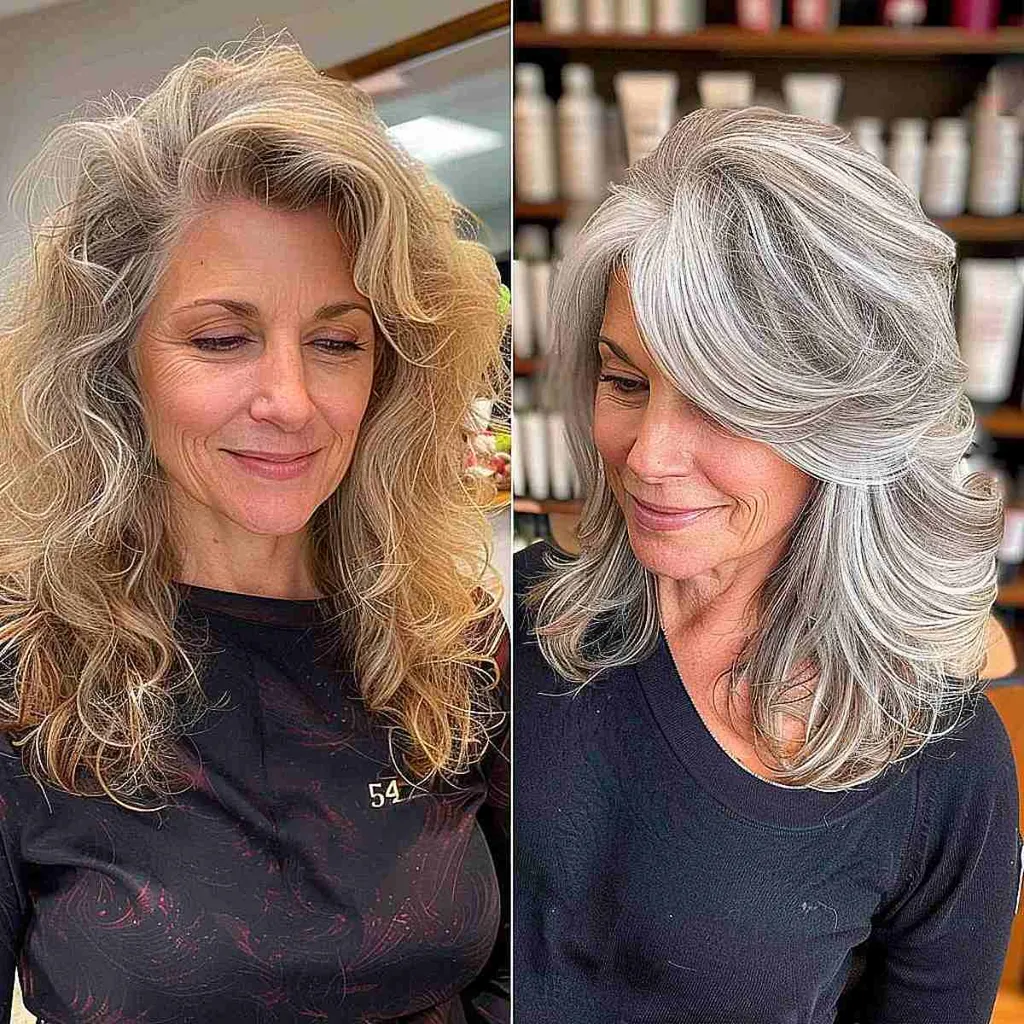 Silver lowlights som smälter in i naturliga grå rötter på vågigt mellanlångt hår' title=