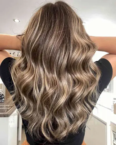 Reverse Dark Blonde Balayage with Dark Brown Hair and Medium to Long Cut