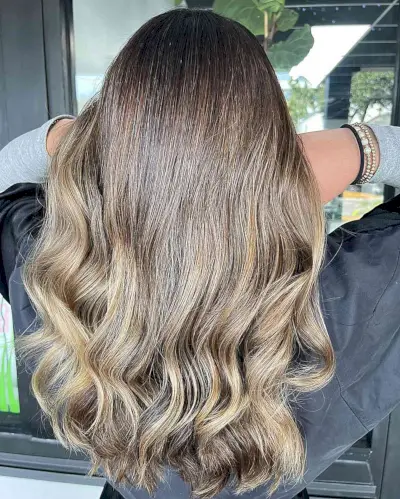 Medium-Long Dark Chocolate Brown Base with Light Blonde Balayage Highlights