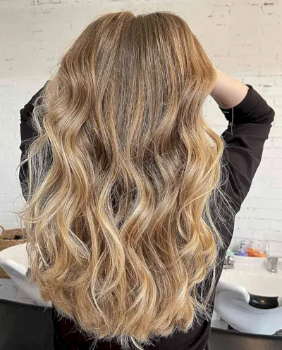 Dark Honey Blonde Ombre Balayage with Long Waves