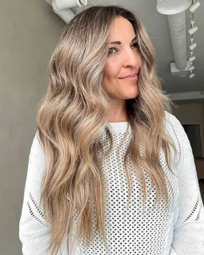 Rooted Dark Blonde Balayage for Long Brunette Hair with Choppy Ends