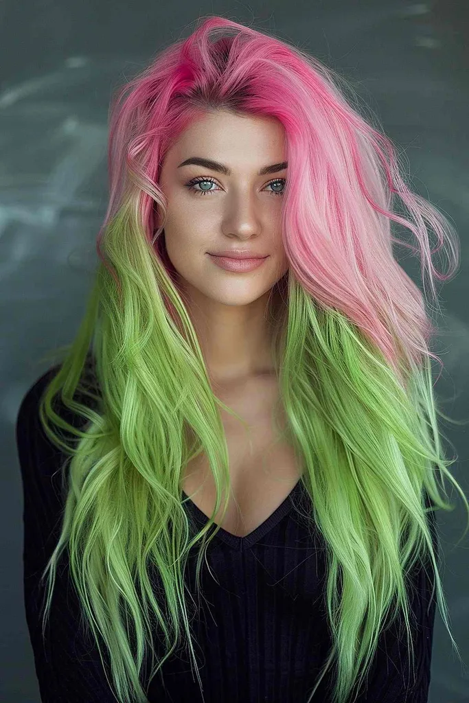 根元のピンクから毛先の緑に美しく移り変わる、レイヤード状の長い髪を持つ若い女性が、鮮やかなスイカをイメージした外観を体現しています。' title=