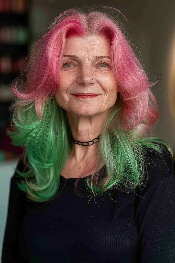 明るいピンクからシーフォームグリーンまでのグラデーションで染められた長いウェーブのかかった髪を持つ年上の女性は、優雅に年を重ねるための大胆でスタイリッシュな選択を体現しています。' title=