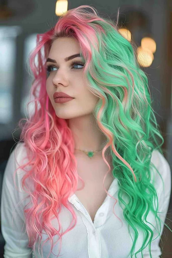 根元の鮮やかなピンクから毛先のシーフォームグリーンまでのグラデーションで彩られた、ウェーブのかかったボリュームのあるロングヘアの女性。' title=