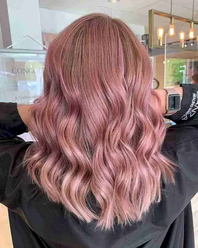 Pastel Pink Balayage on Wavy Mid-Length U-Shaped Cut