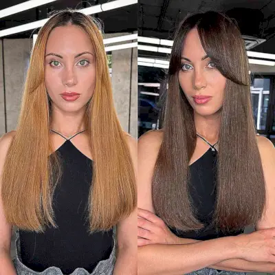 Natural Dark Brunette with Long Curtain Bangs