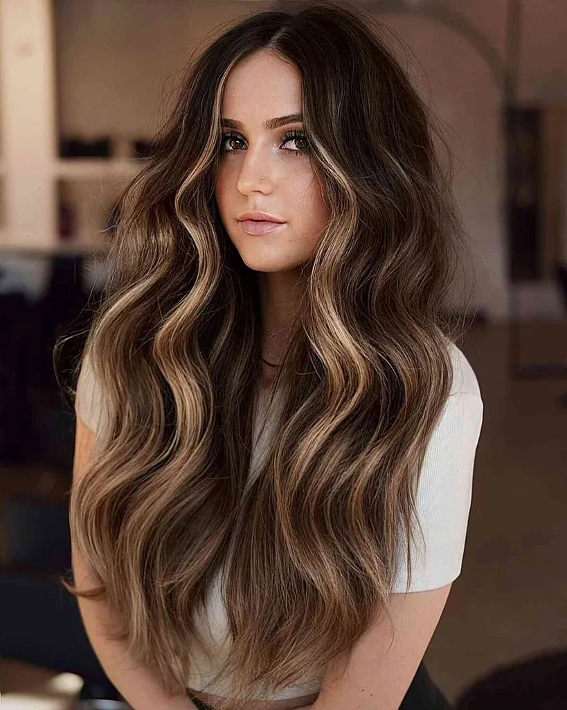 Sultry Dlhá tmavo hnedá balayage vlasy s kusom peňazí a strednou časťou' title=