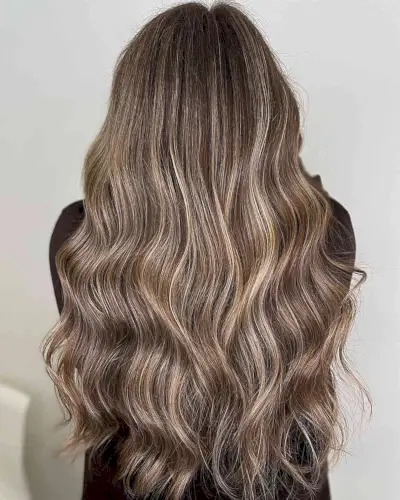Natural Blonde Balayage Highlights on Very Long Light Brown Hair with Soft Waves