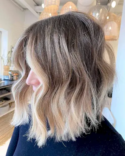 Brunette Lob with Creamy Blonde Balayage Ombre and Money Pieces