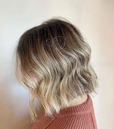 Warm Bronde Balayage Babylights with Shadow Root on Neck-Length Hair