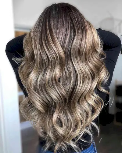 Dark Brunette with Ashy Blonde Balayage Hues for Long V-Cut Hair