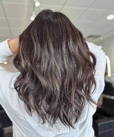 Rich Mocha Ash Brown Balayage with Highlights on Medium V-Cut Hair