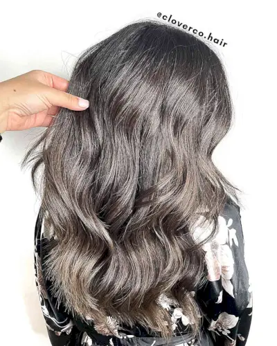 Low-Maintenance Ash Mushroom Brown Balayage for Mid-Long Wavy Hair